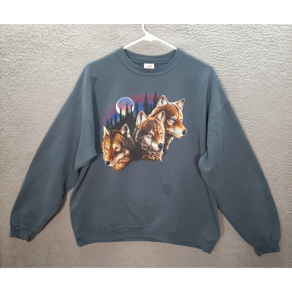 Vintage Hanes Sweatshirt Adult Large Blue Crewneck Wildlife Nature Wolf 90s Y2K